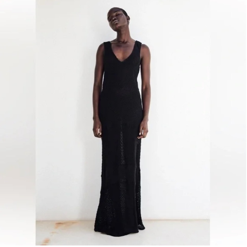 ZARA LONG V-NECK DRESS MIDI MAXI TANK DRESS CROCHET COVERUP BLACK SMALL 4770/151 - Picture 4 of 10